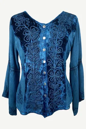 Rich Exotic Gothic Rayon Velvet Button Down Blouse Velvet Embroidered Top Blouse