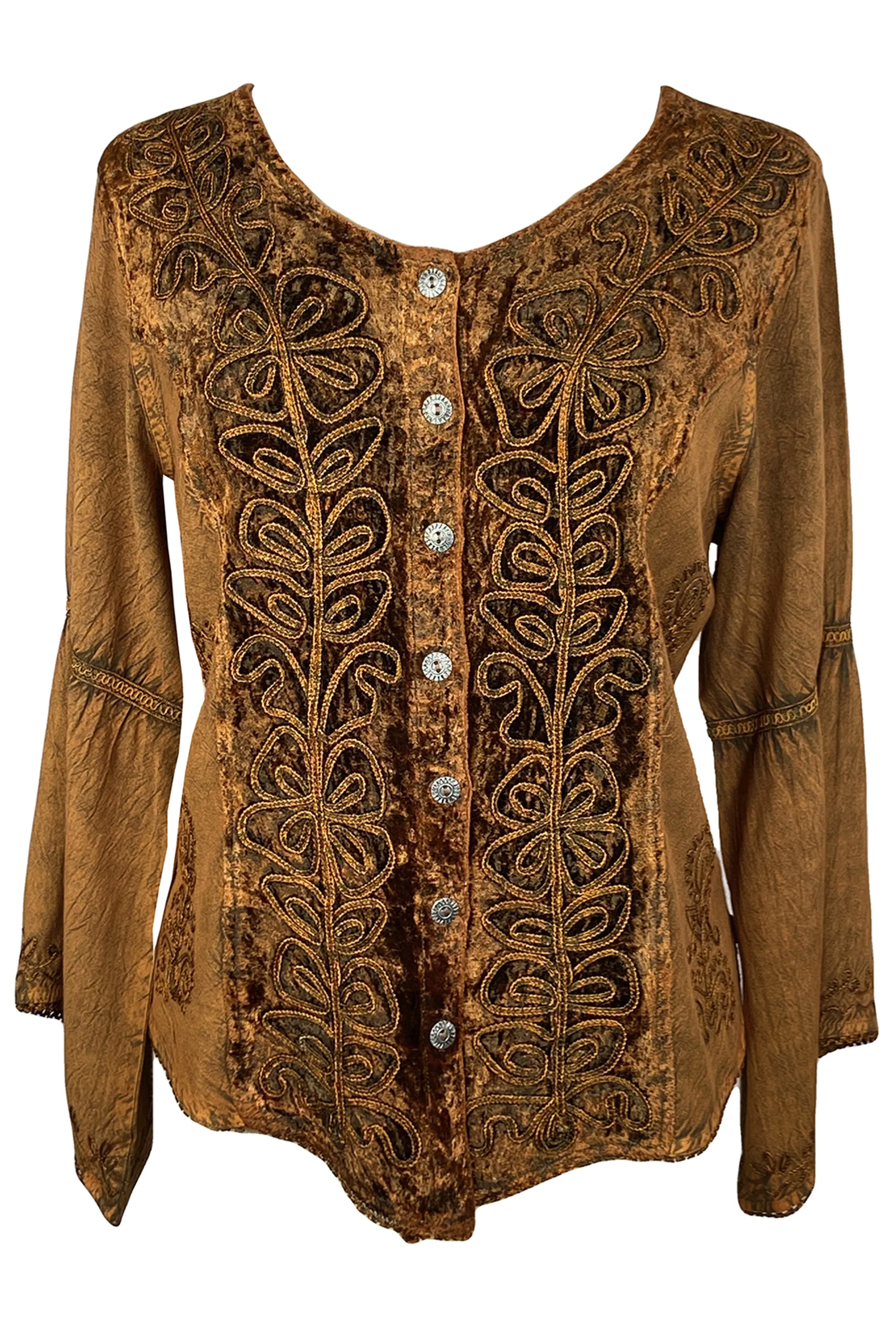Rich Exotic Gothic Rayon Velvet Button Down Blouse Velvet Embroidered Top Blouse