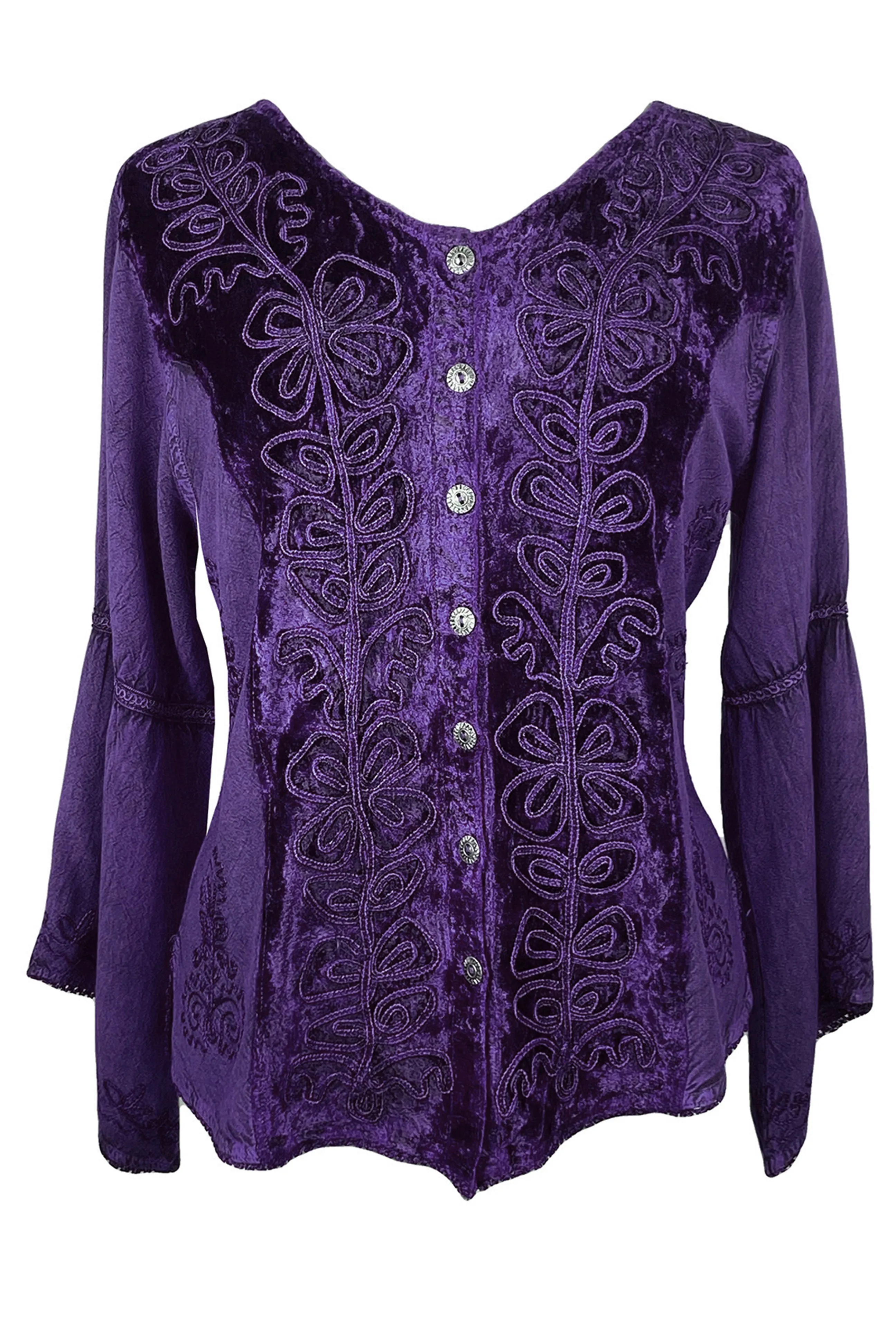 Rich Exotic Gothic Rayon Velvet Button Down Blouse Velvet Embroidered Top Blouse