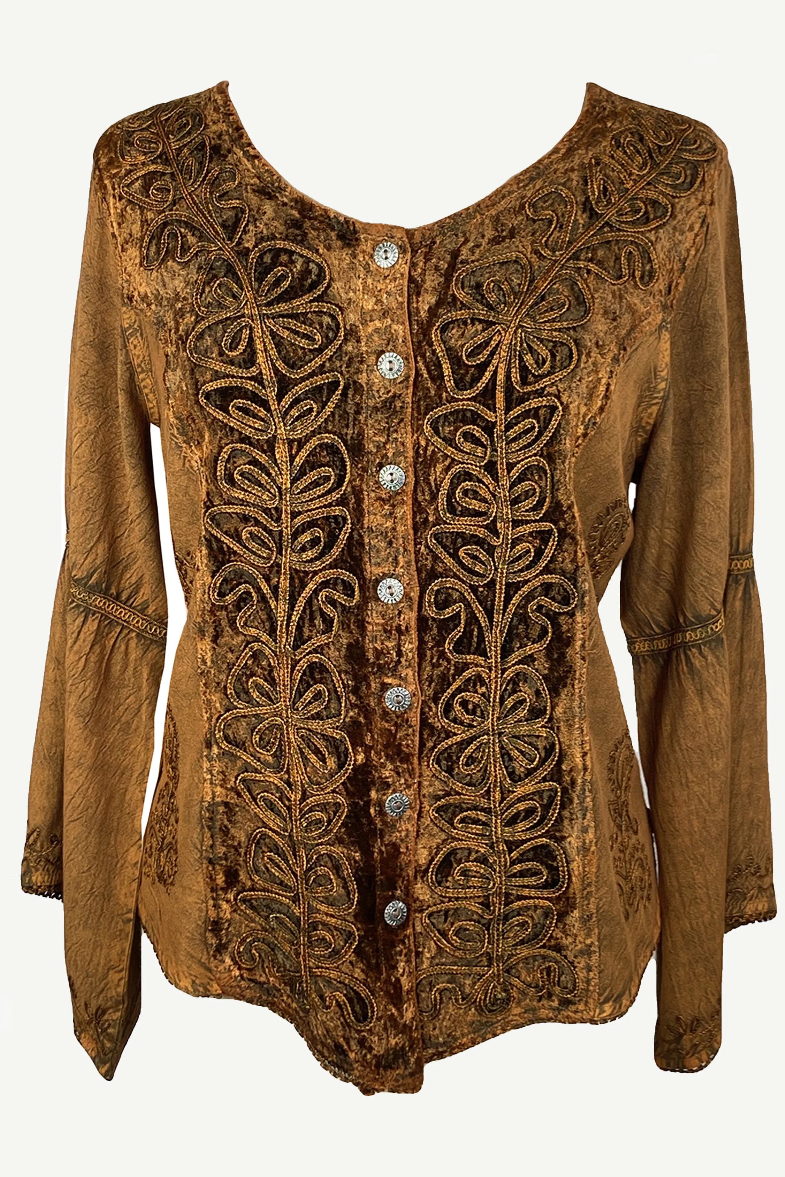 Rich Exotic Gothic Rayon Velvet Button Down Blouse Velvet Embroidered Top Blouse
