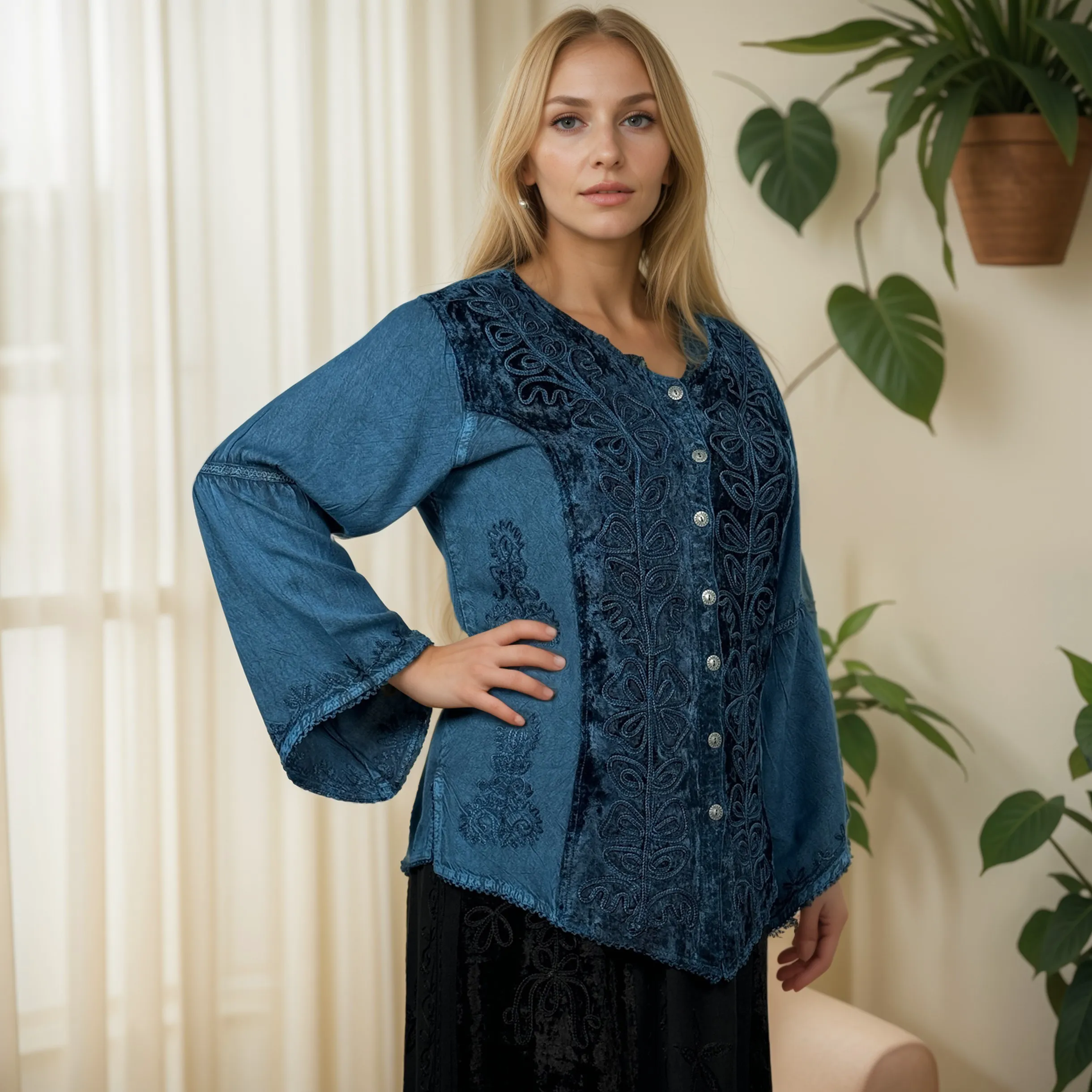Rich Exotic Gothic Rayon Velvet Button Down Blouse Velvet Embroidered Top Blouse