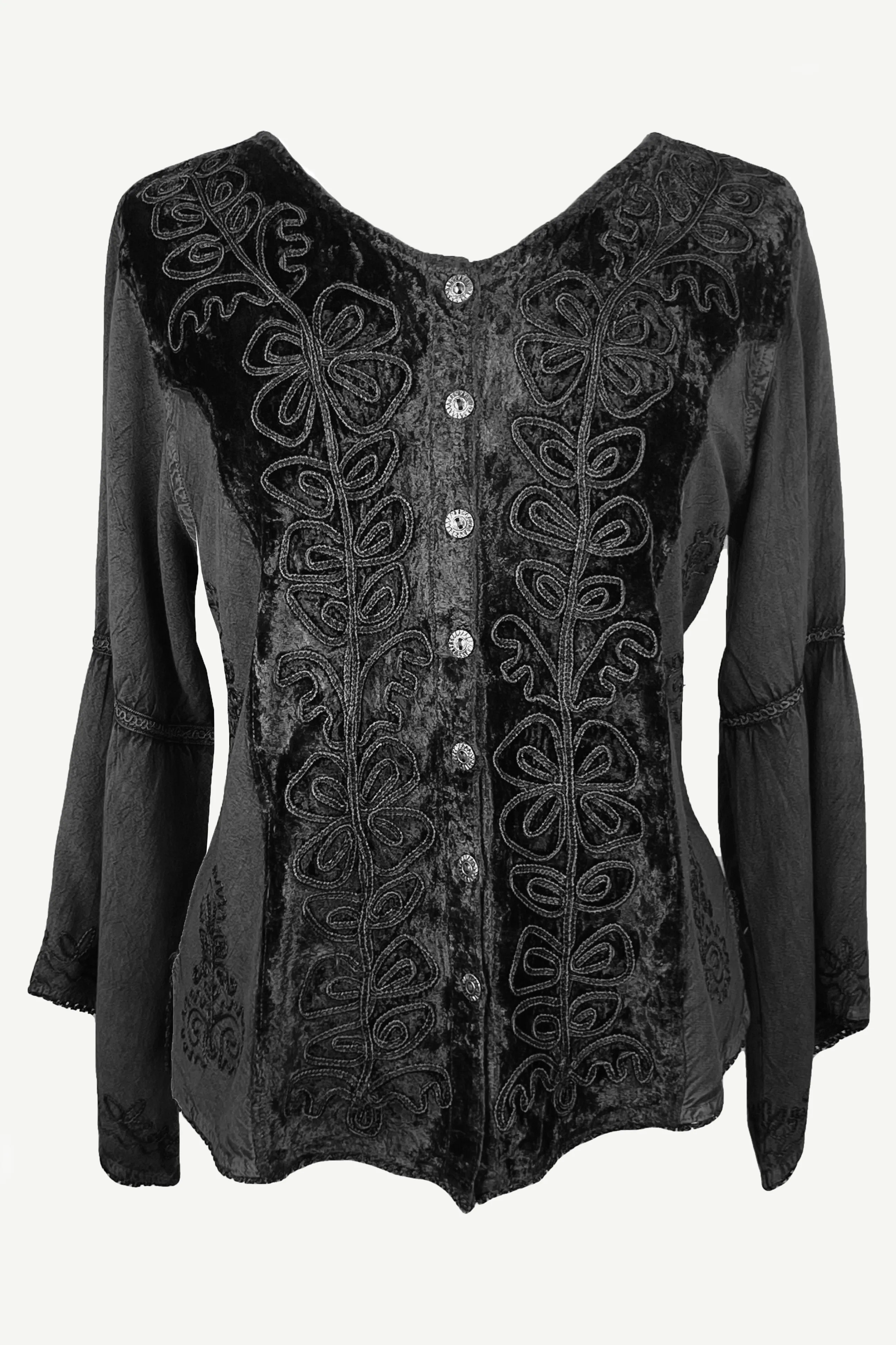 Rich Exotic Gothic Rayon Velvet Button Down Blouse Velvet Embroidered Top Blouse