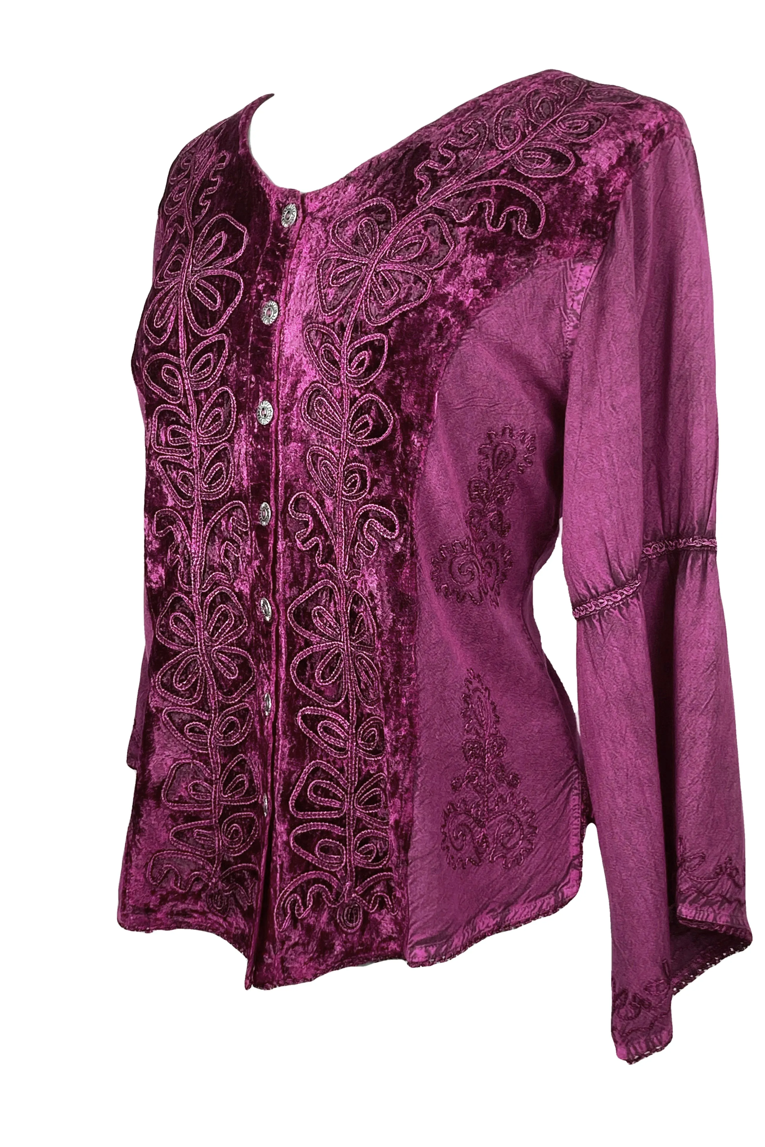 Rich Exotic Gothic Rayon Velvet Button Down Blouse Velvet Embroidered Top Blouse