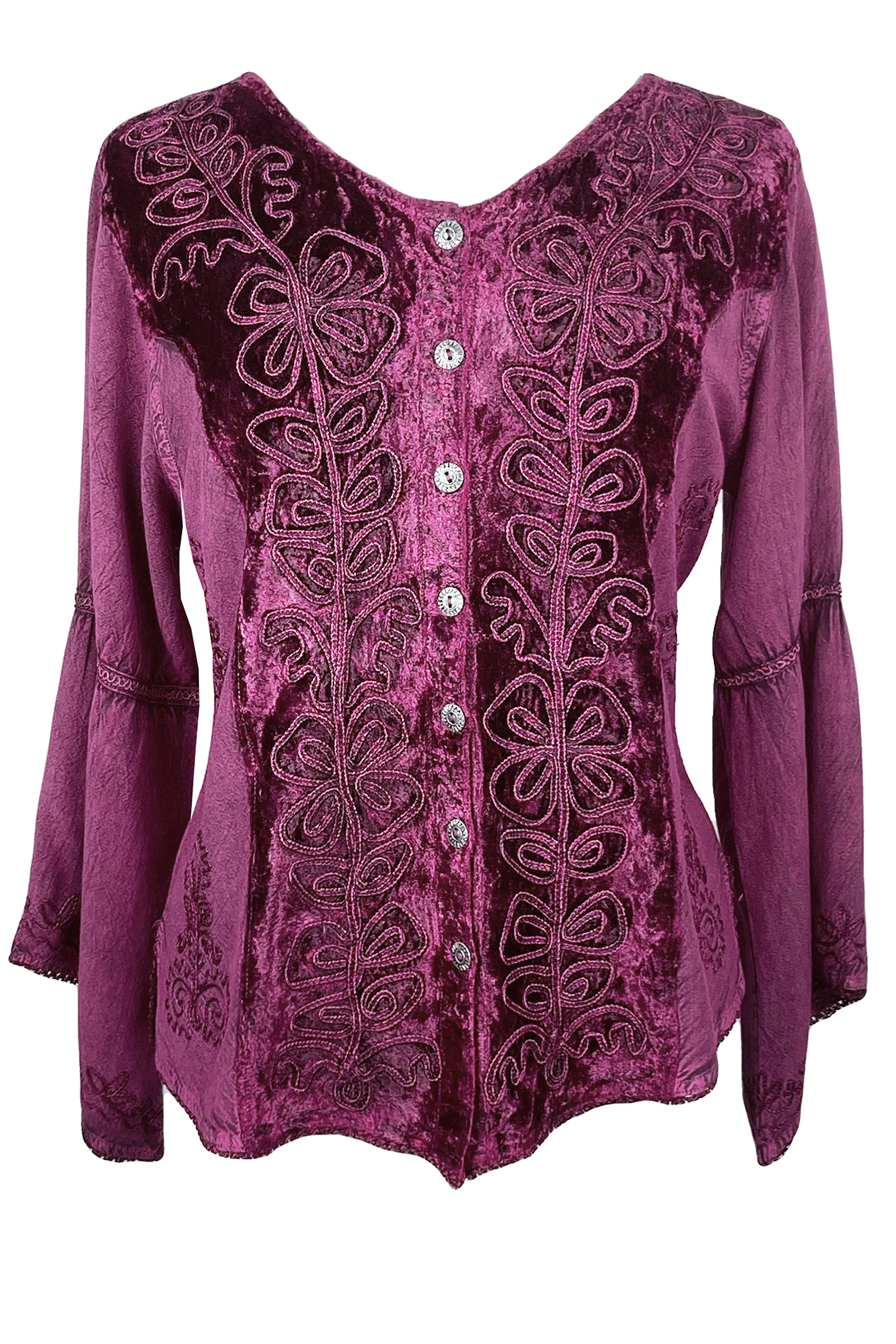 Rich Exotic Gothic Rayon Velvet Button Down Blouse Velvet Embroidered Top Blouse