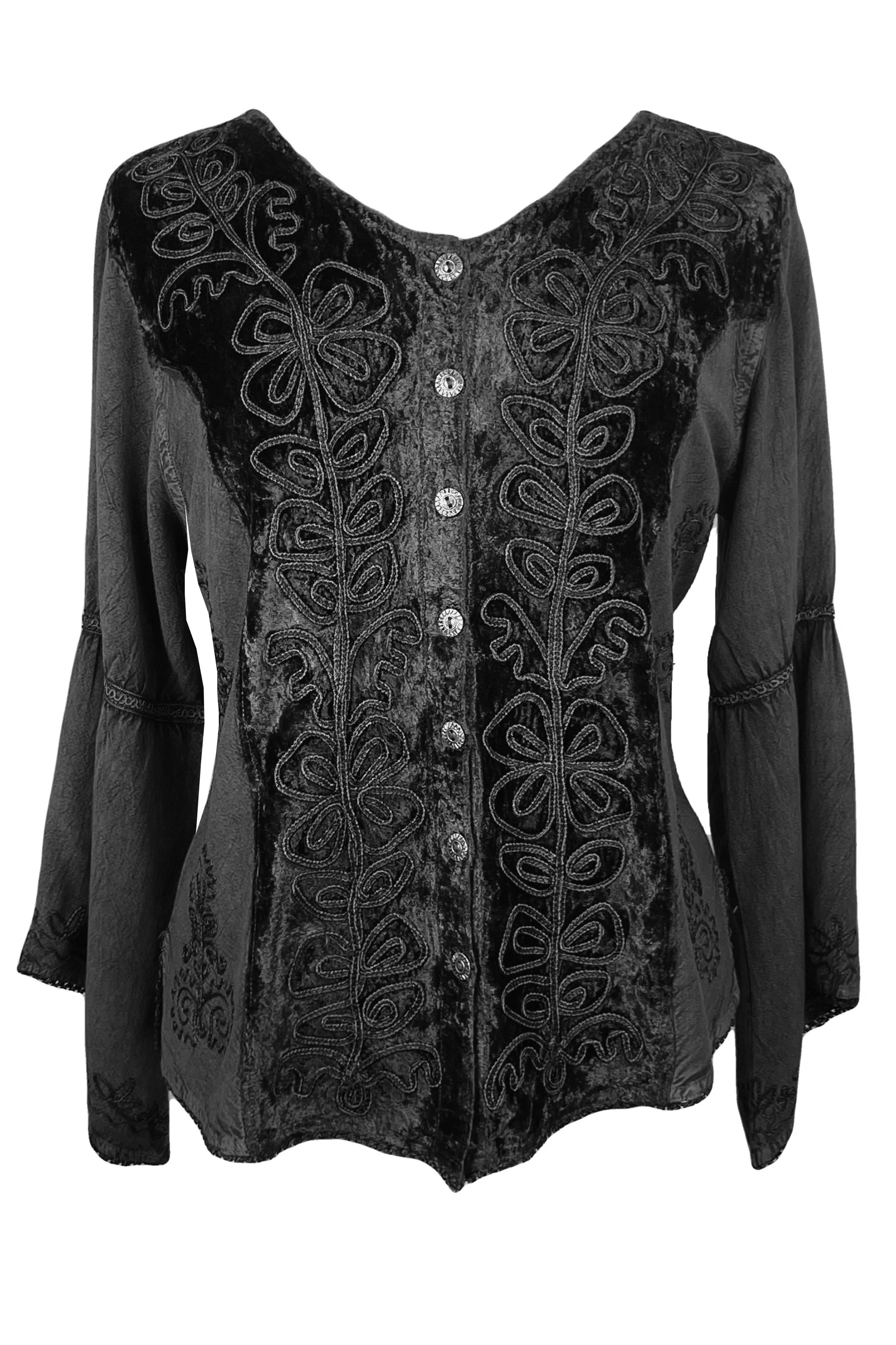 Rich Exotic Gothic Rayon Velvet Button Down Blouse Velvet Embroidered Top Blouse