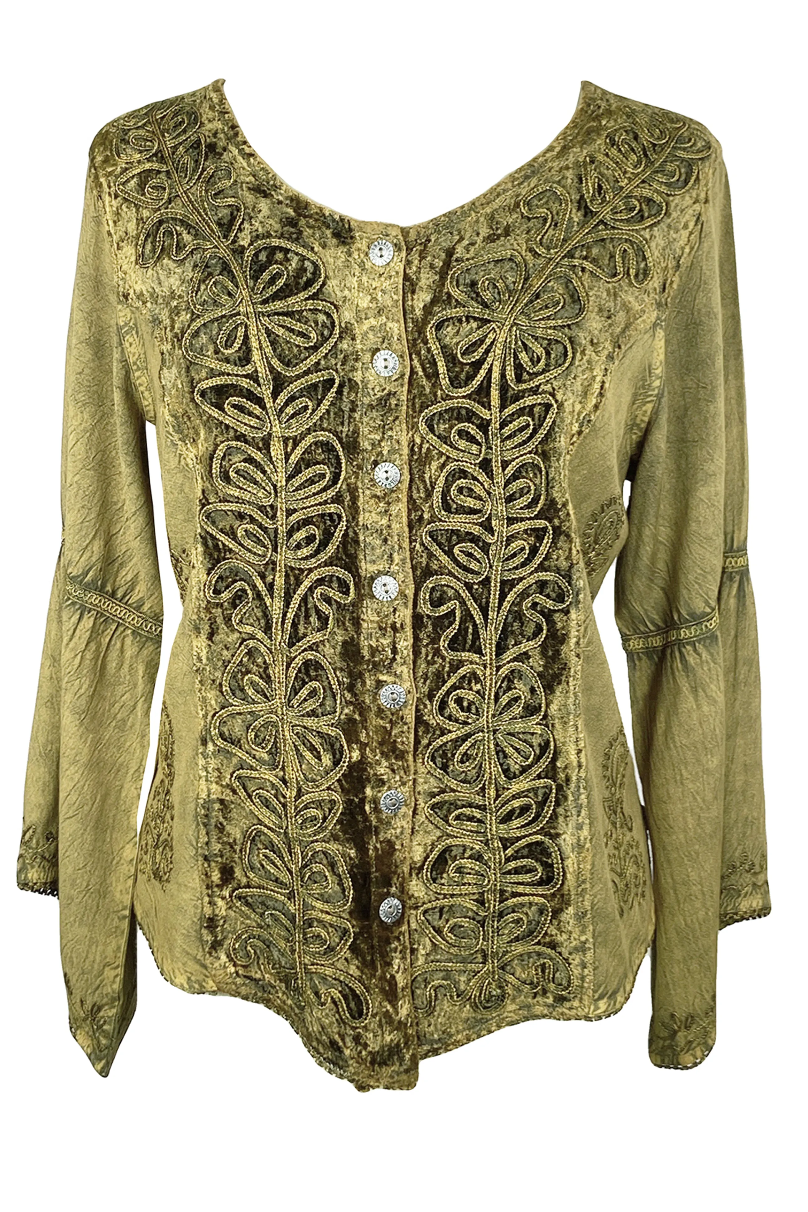 Rich Exotic Gothic Rayon Velvet Button Down Blouse Velvet Embroidered Top Blouse
