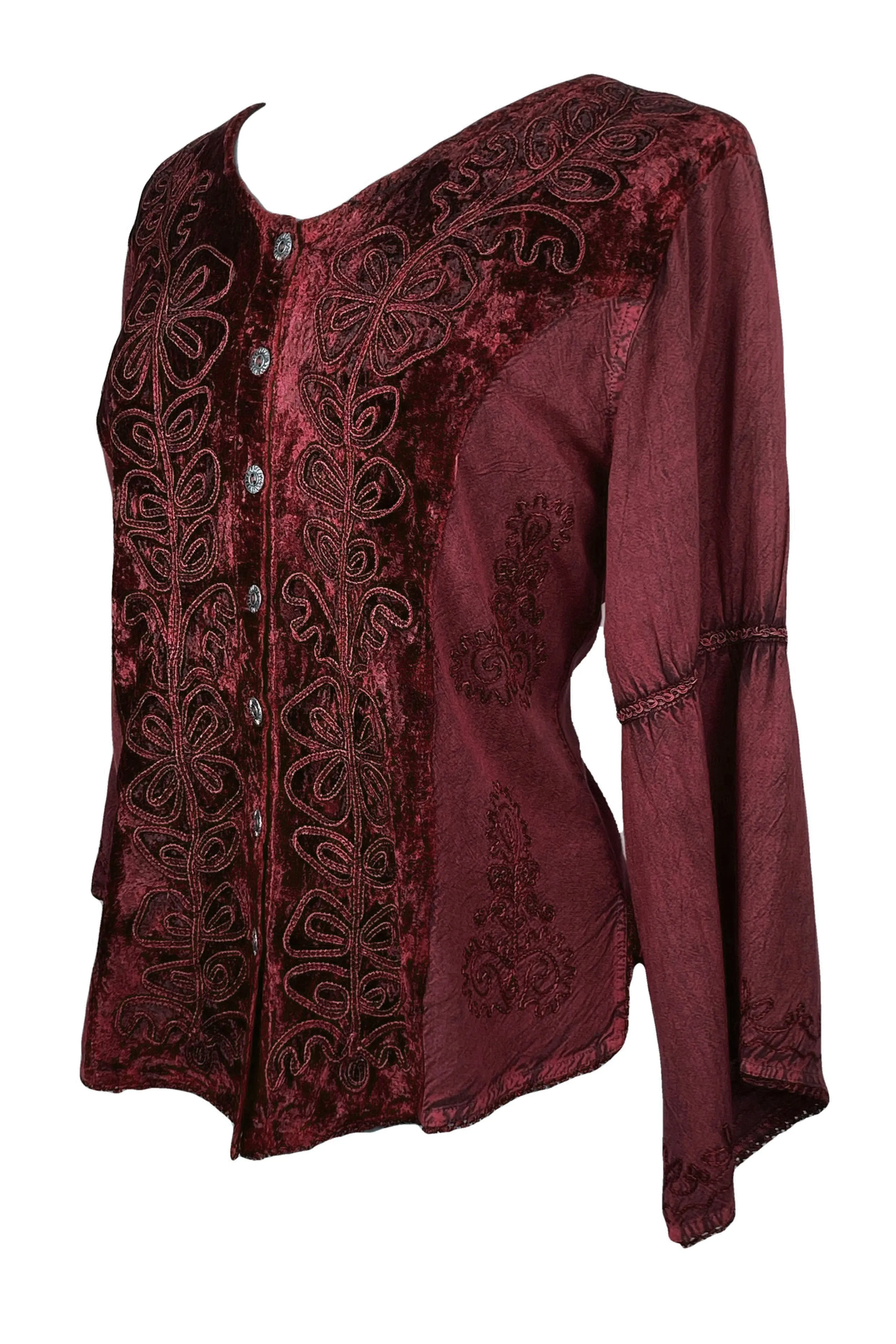 Rich Exotic Gothic Rayon Velvet Button Down Blouse Velvet Embroidered Top Blouse