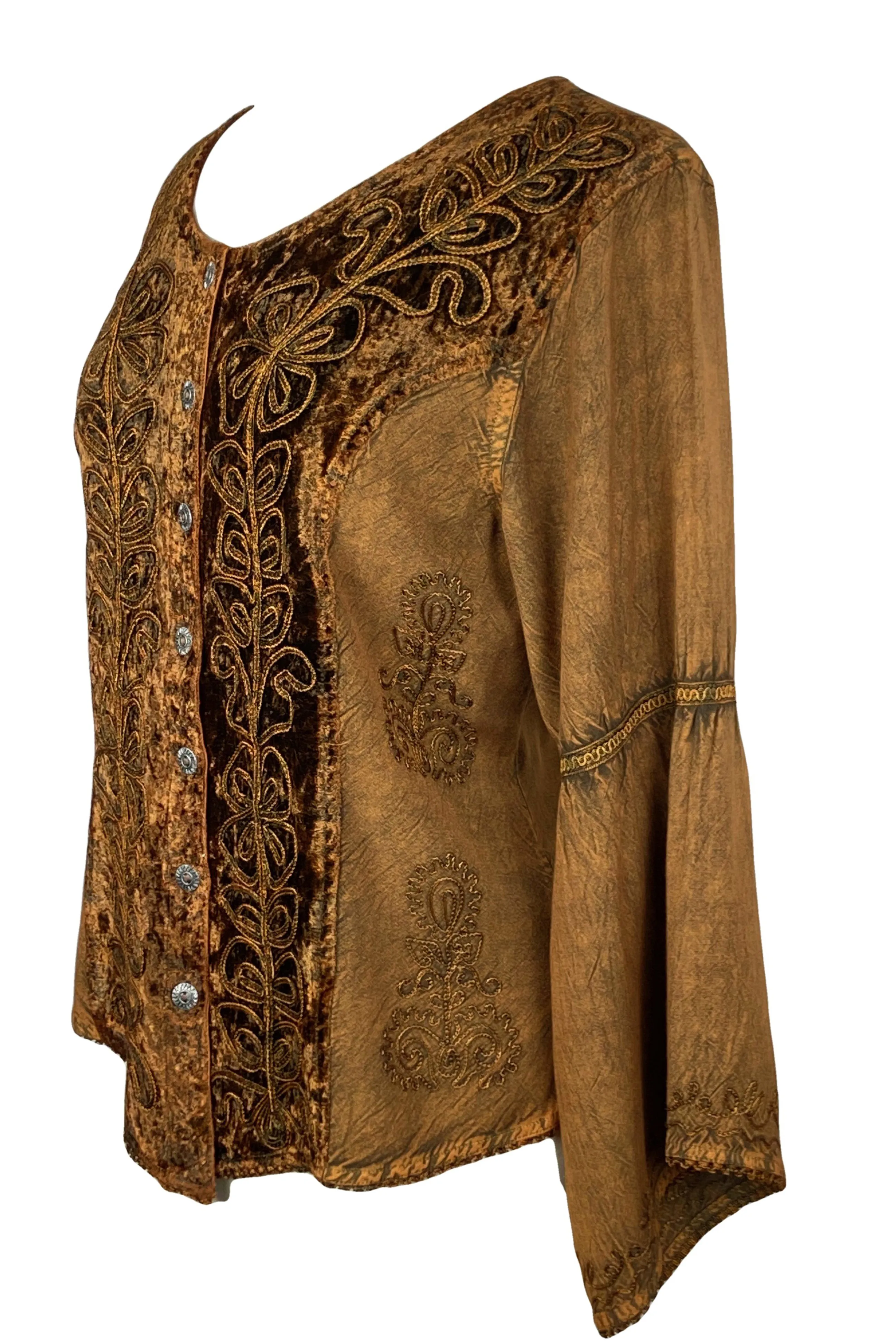 Rich Exotic Gothic Rayon Velvet Button Down Blouse Velvet Embroidered Top Blouse