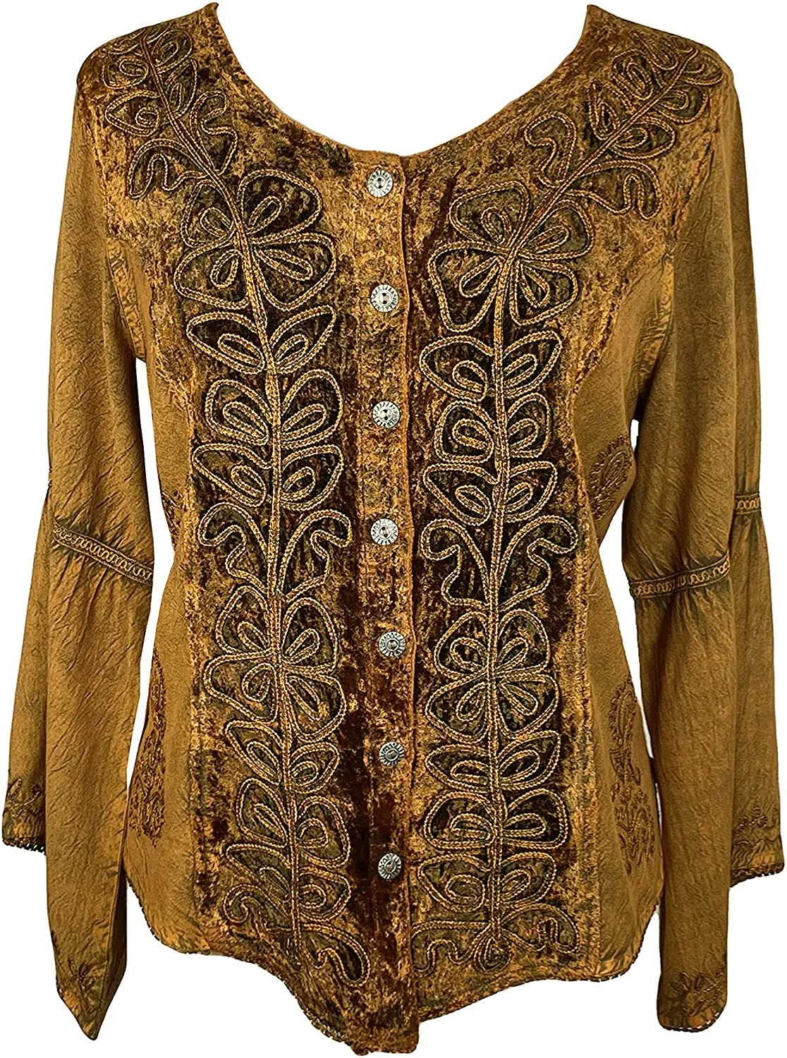 Rich Exotic Gothic Rayon Velvet Button Down Blouse Velvet Embroidered Top Blouse