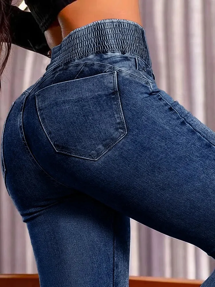 UAKISS  -  Spring Streetwear Women's New Jeans Back Shirred Button Front High Waist Jeans Temperament Commuting Casual Comfortable Jeans