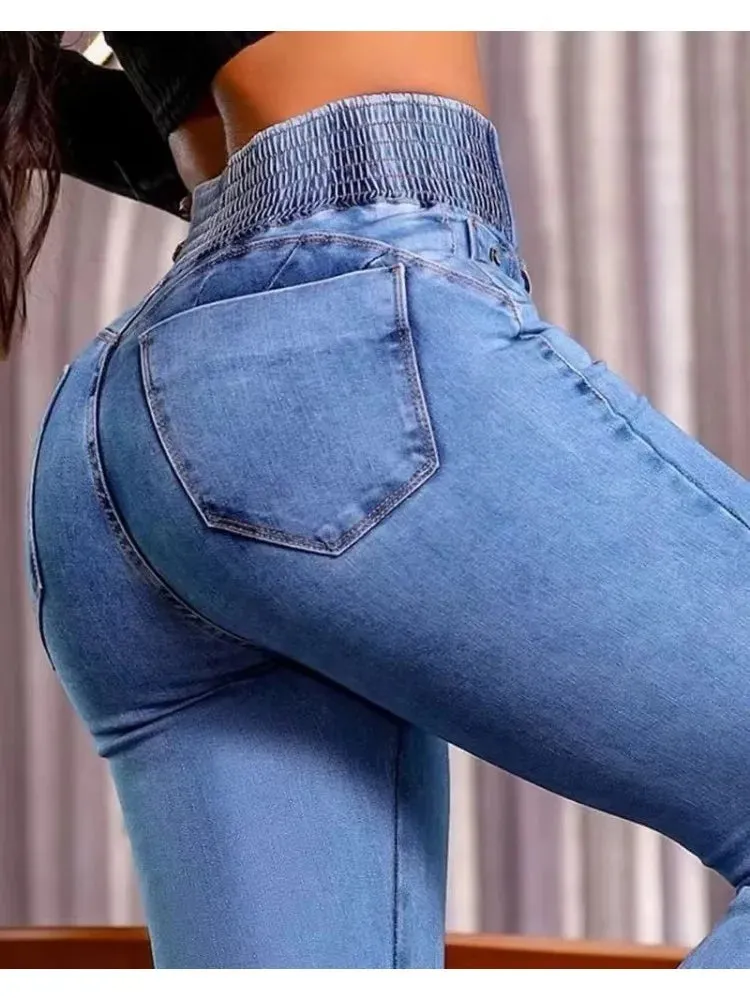 UAKISS  -  Spring Streetwear Women's New Jeans Back Shirred Button Front High Waist Jeans Temperament Commuting Casual Comfortable Jeans
