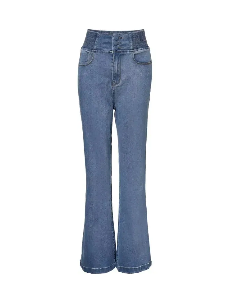 UAKISS  -  Spring Streetwear Women's New Jeans Back Shirred Button Front High Waist Jeans Temperament Commuting Casual Comfortable Jeans