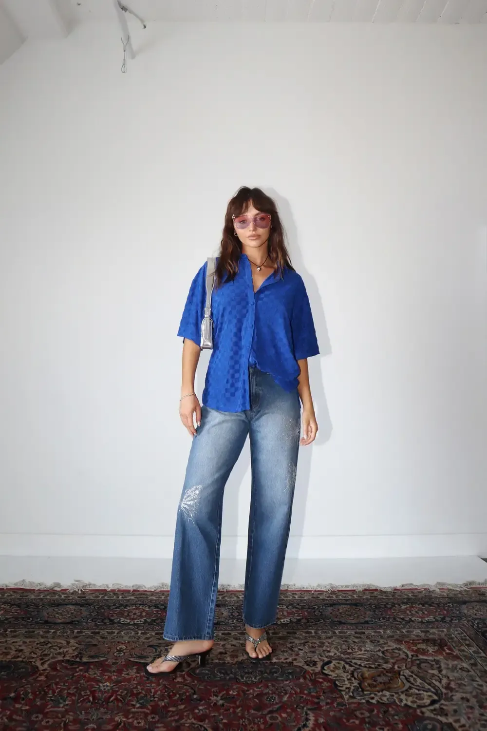 Verified Blue Check Terrycloth Checkered Button Down Top