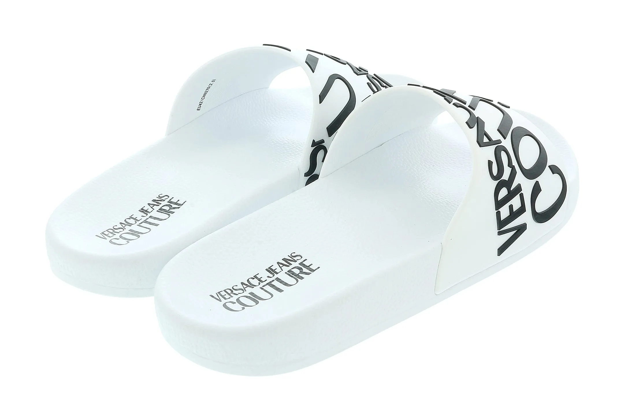 Versace Jeans Couture White  Signature Print Wide Strap Slide-