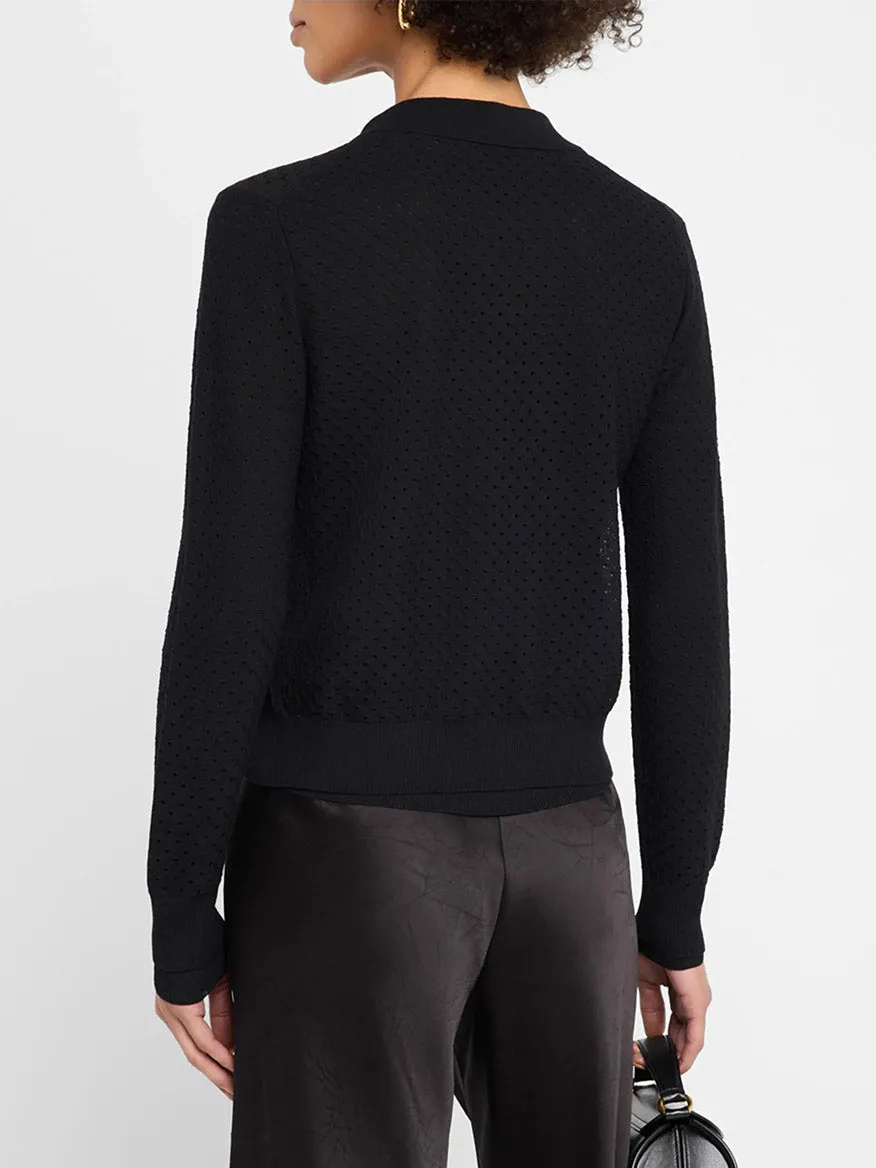 Vince Italian Cotton-Blend Mesh Double-Layer Cardigan in Black