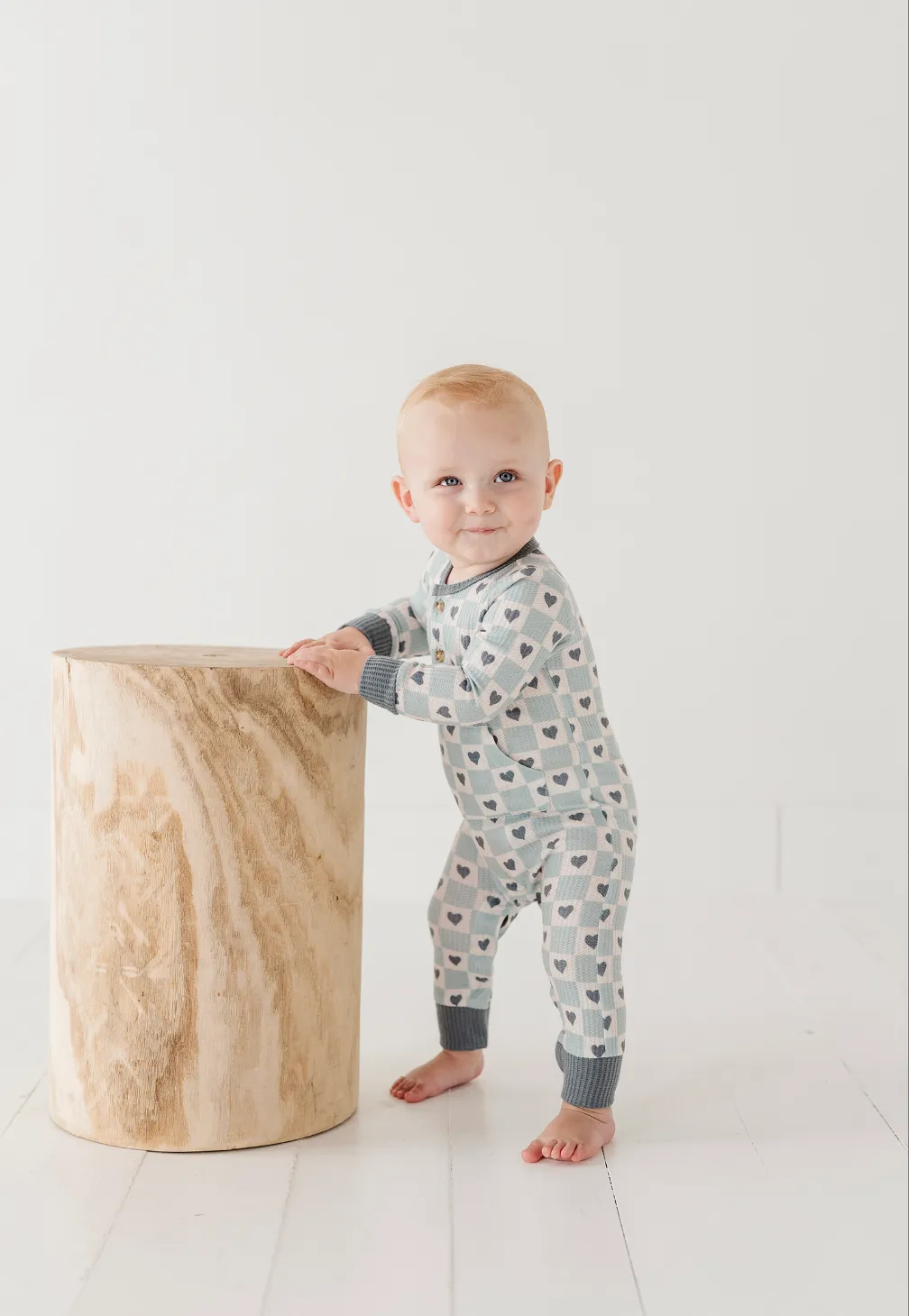Waffle Romper - Checkered Boys Hearts