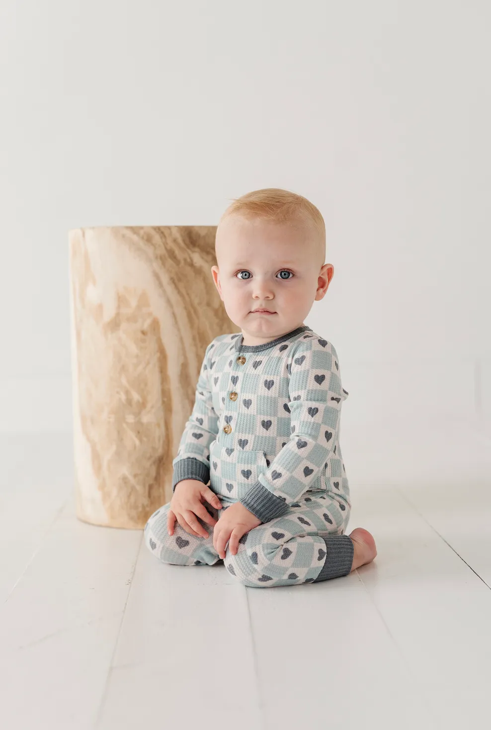 Waffle Romper - Checkered Boys Hearts